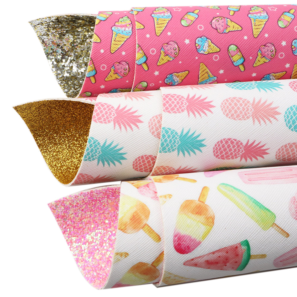 ice cream pineapple printed double side faux leather set（3pcs/set）