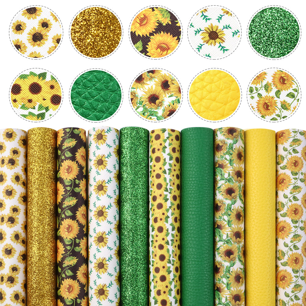 sunflower fine glitter litchi texture flower floral printed Sunflower faux leather set（10pieces/set）