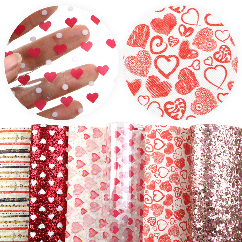 valentines day heart love chunky glitter big small sequins mixed stripe paint splatter printed valentines day faux leather set（6piece/set）