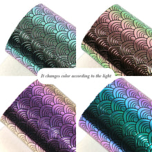 Load image into Gallery viewer, magic color iridescent fish scales mermaid scales mirrored faux leather glossy shiny faux leather bump texture glossy printed mirror faux leather
