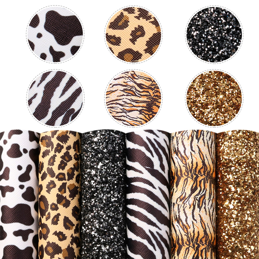 leopard cheetah zebra stripe tiger pattern cow printed faux leather set（6pcs/set）