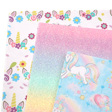 Load image into Gallery viewer, rainbow color fine glitter stripe printed rainbow unicorn faux leather set（5piece/set）
