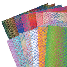 Load image into Gallery viewer, fish scales mermaid scales holographic laser colourful gold hot stamping litchi texture rainbow color printed laser fish scale pattern faux leather
