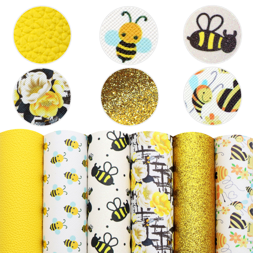 bee flower floral plain solid color printed faux leather set(6pieces/set)