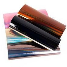 Load image into Gallery viewer, mirrored faux leather glossy shiny faux leather plain color solid color glossy smooth glossy holographic laser can be printed holographic mirror faux leather
