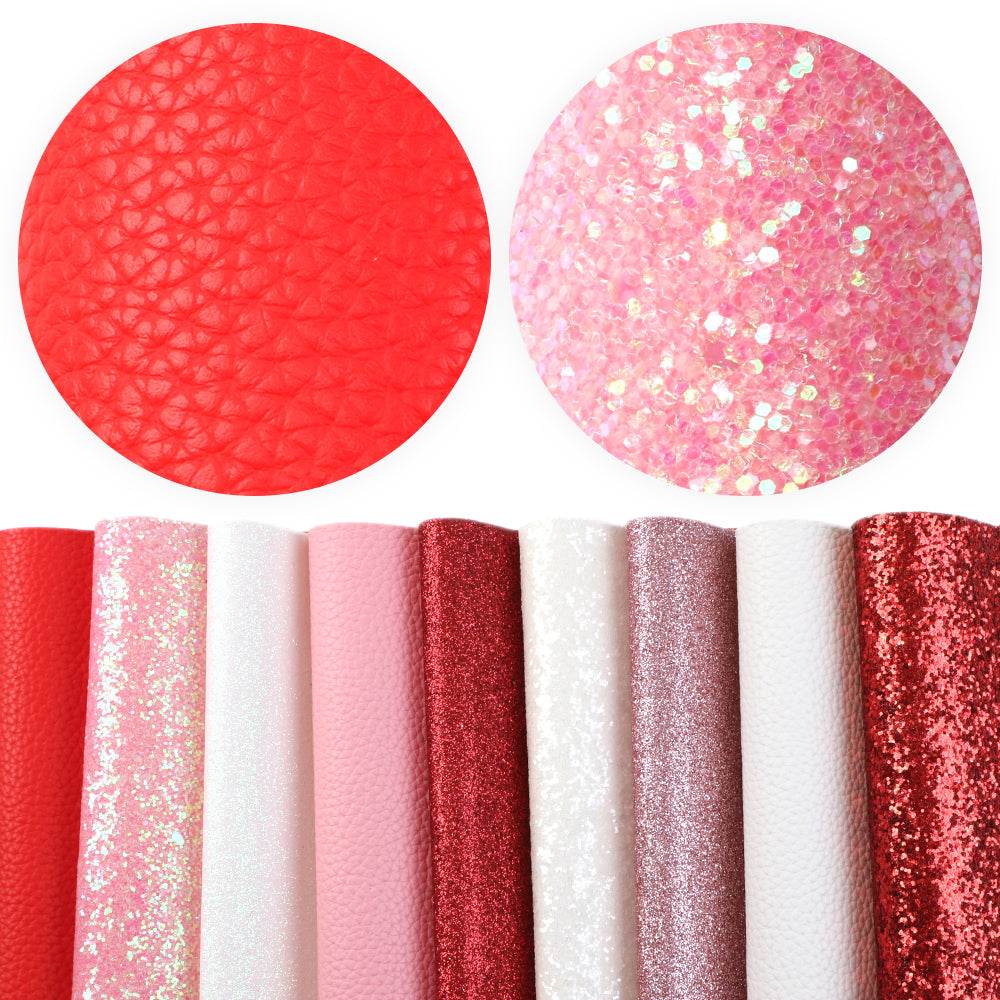 valentines day pink series litchi texture fine glitter chunky glitter printed valentines day faux leather set（9piece/set）