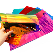 Load image into Gallery viewer, holographic laser mirrored faux leather glossy shiny faux leather magic color iridescent glossy smooth glossy printed laser reflect light faux leather
