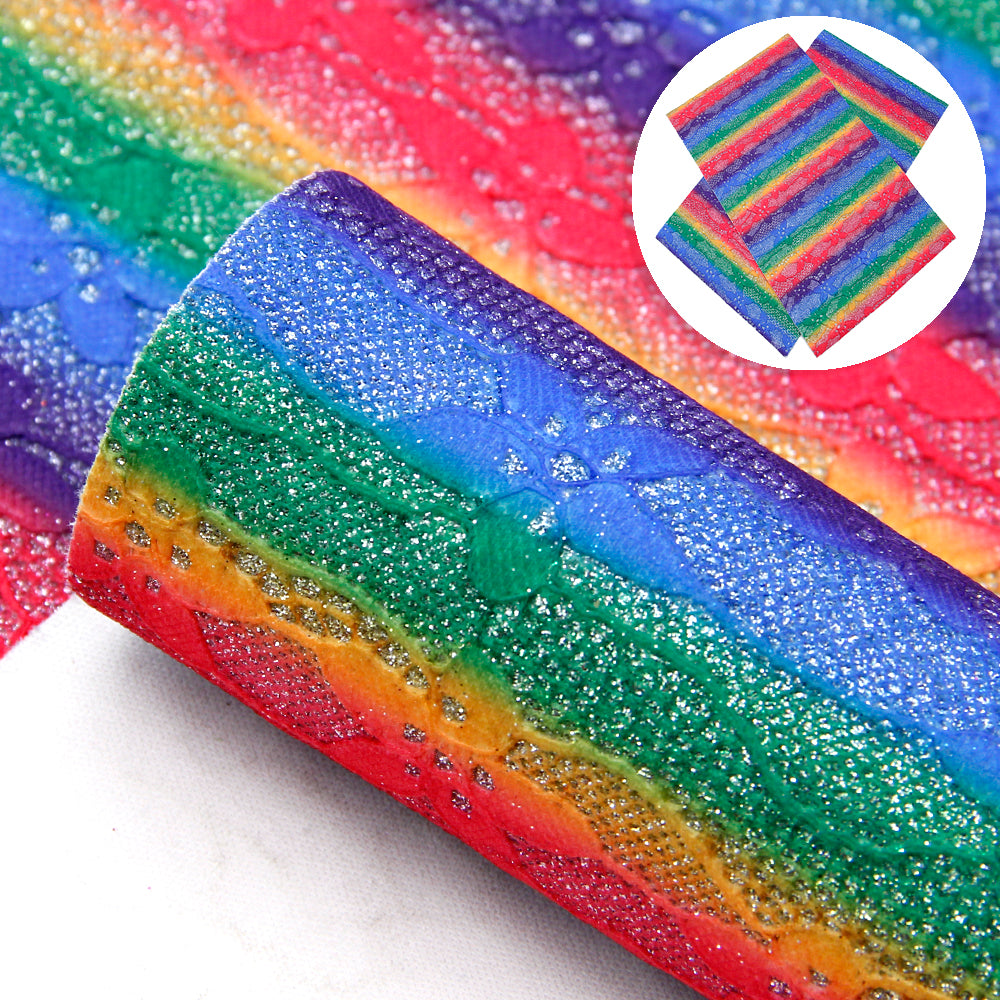 rainbow color flower floral fine glitter stripe gradient color printed rainbow fine glitter lace faux leather